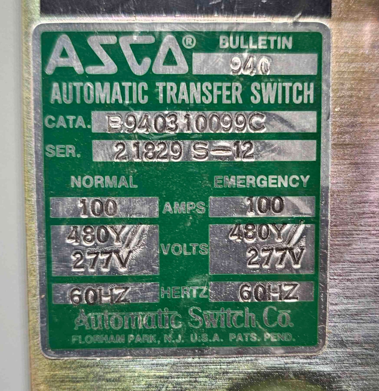 ASCO 100A 480Y/277V 60Hz Automatic Transfer Switch(SKU: 110613)