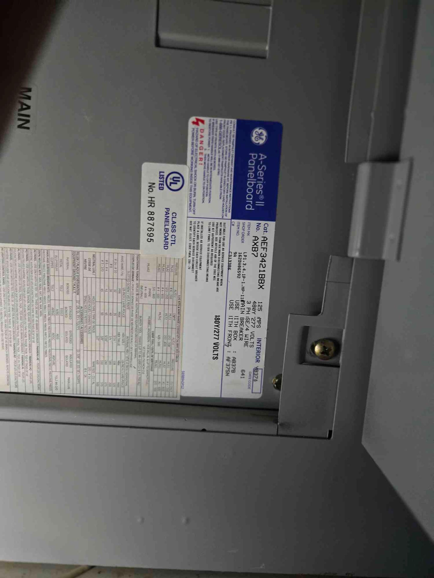 125A GE A-Series II PanelBoard 480/277V 3Ph 4 Wire with Main (SKU: 110246)