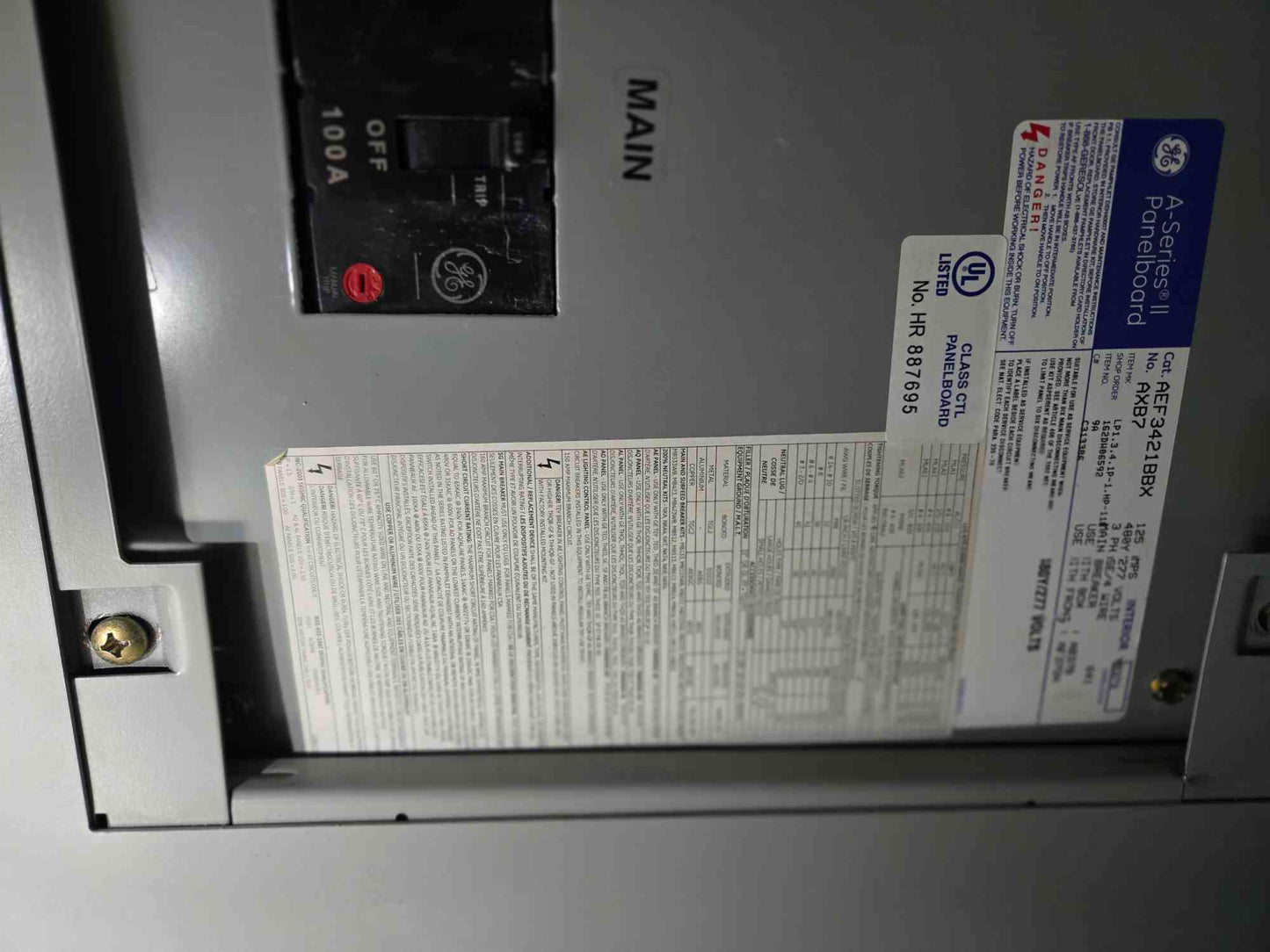 125A GE A-Series II PanelBoard 480/277V 3Ph 4 Wire with Main (SKU: 110246)