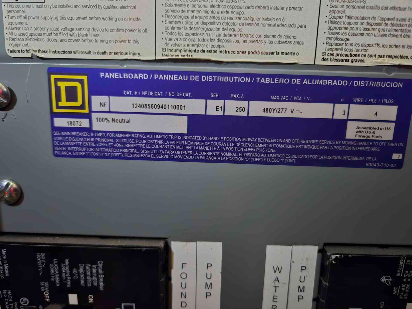 250A NF Square D Panelboard 480Y/277V 3Ph 4 Wire