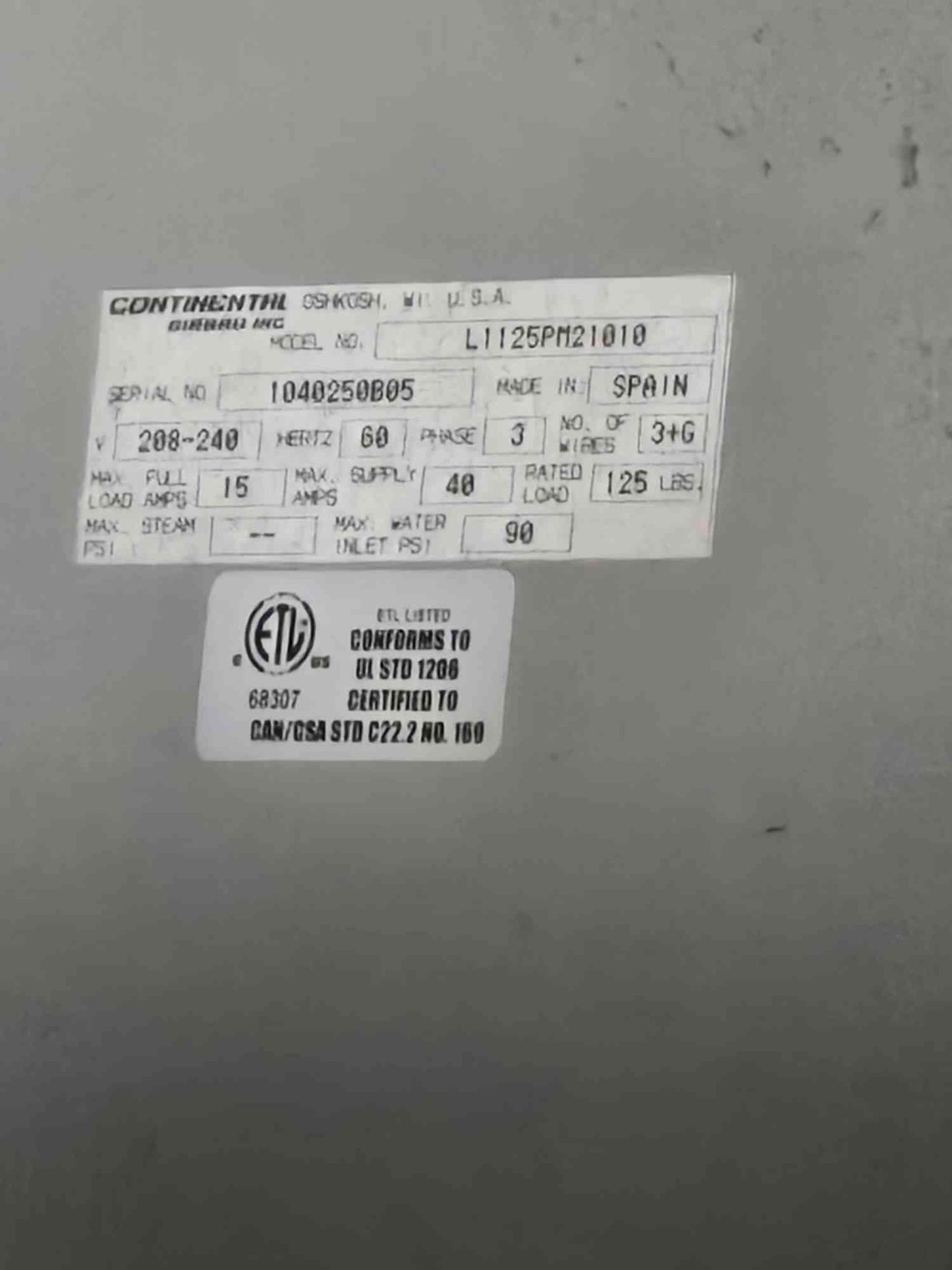 Continental L1125PM21010 125lb Commercial Washer