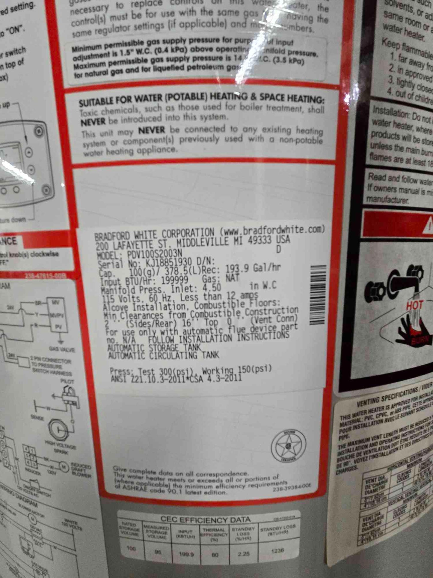 100 Gal Bradford White PDV100S2003N Water Heater Natural Gas