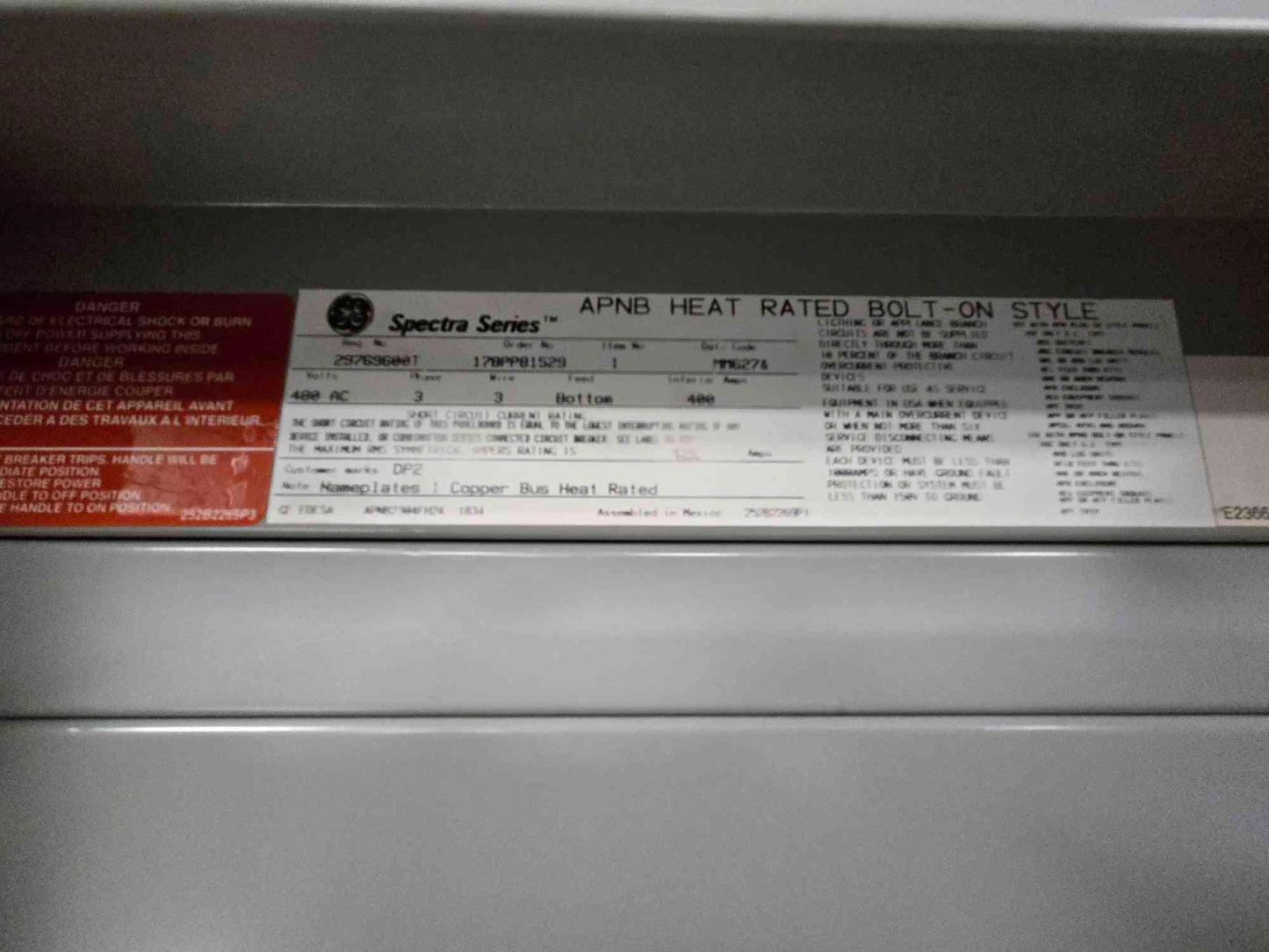 400A GE Spectra Series Panelboard 480V 3Ph 4 Breakers & Main