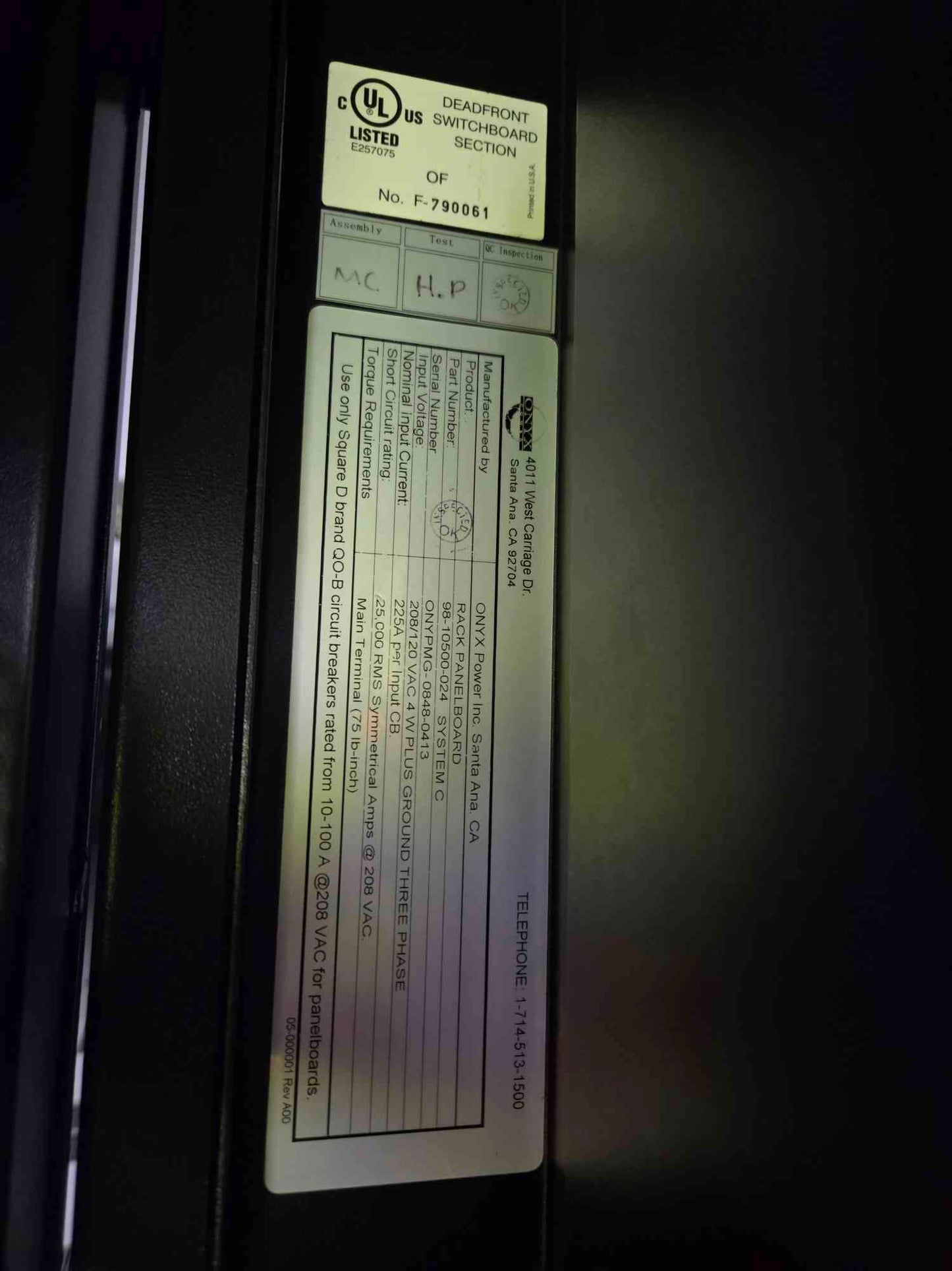 225A Onyx Rack RPP 208/120V Plus Ground 3PH Breaker Distribution