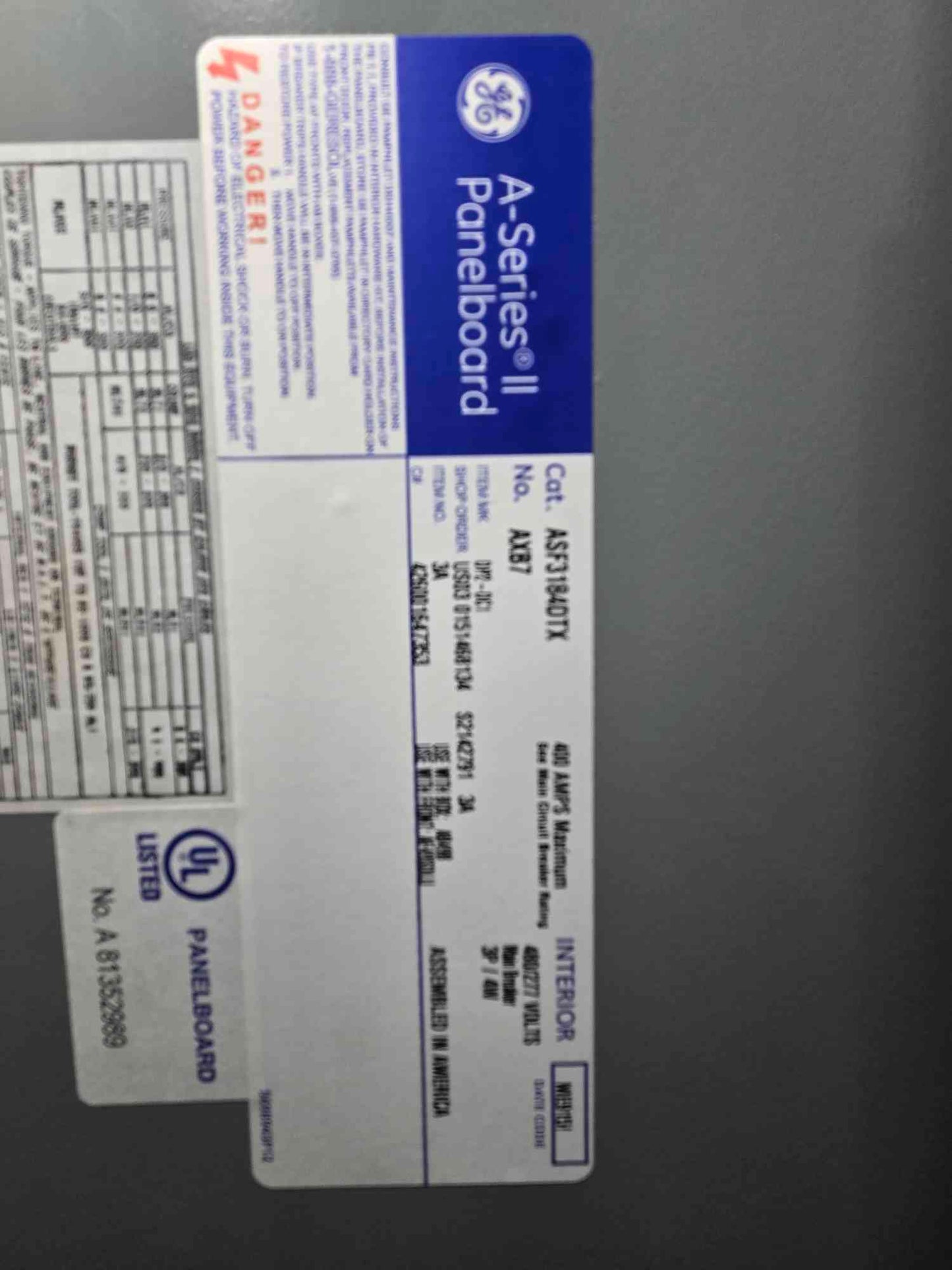 400A GE A-Series II Panelboard 480/277v 5 Breakers & Main