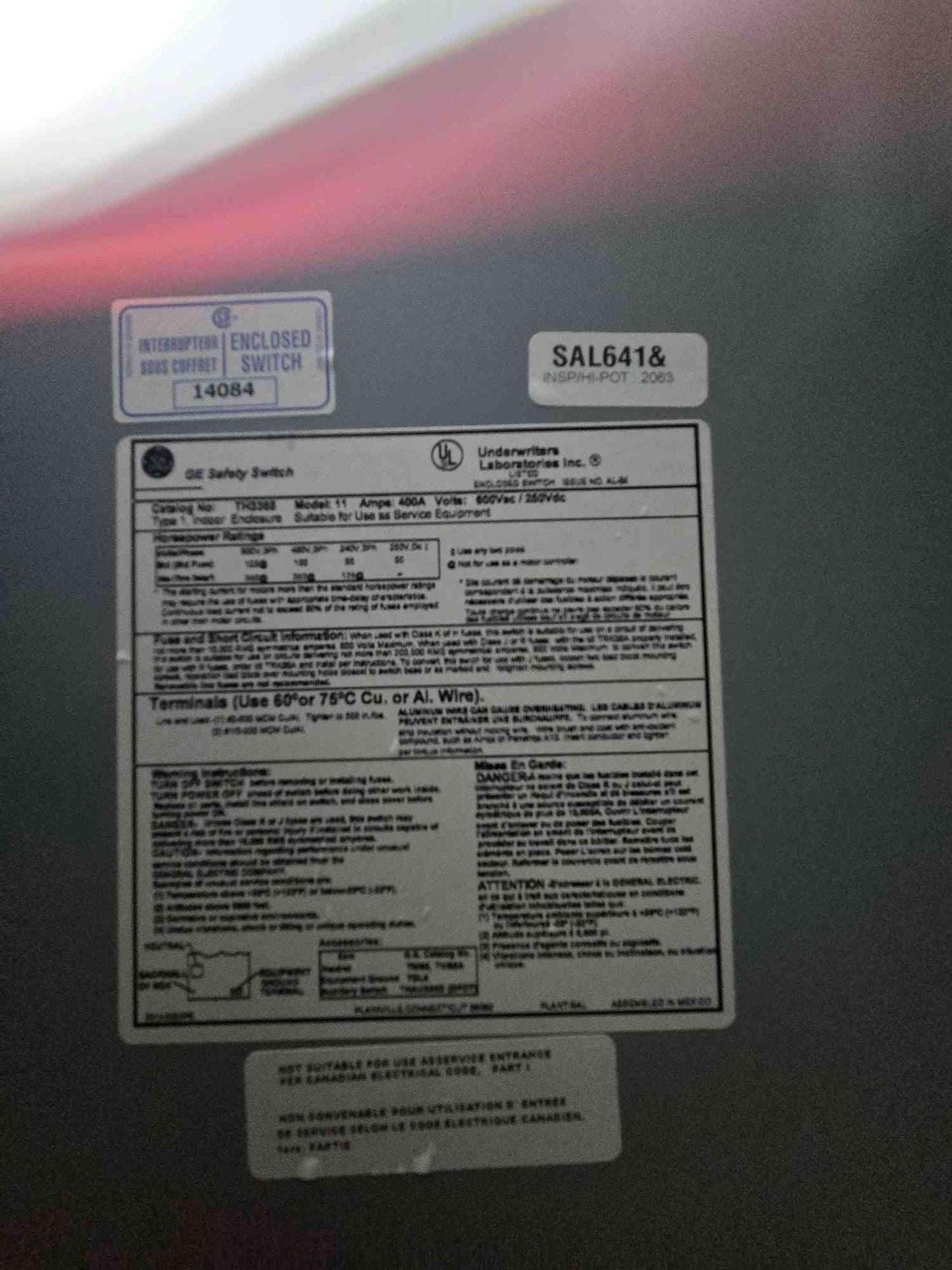 400A GE Safety Switch 600VAC/250VDC Model Number 11