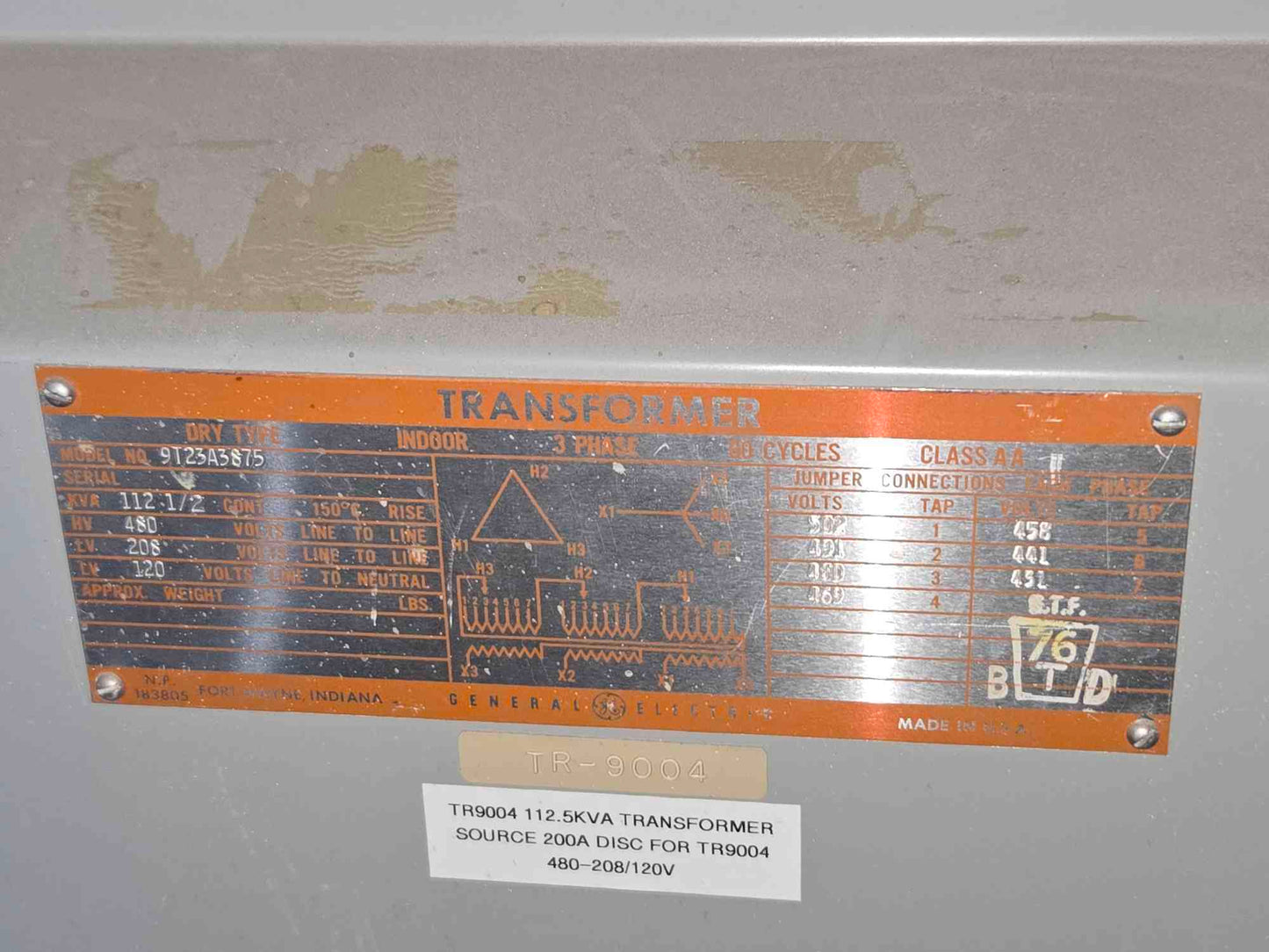 GE 112.5 KVA Dry Type Transformer 3 Phase 480V x 208Y/120V Model 9T23A3875 (SKU: 112736)