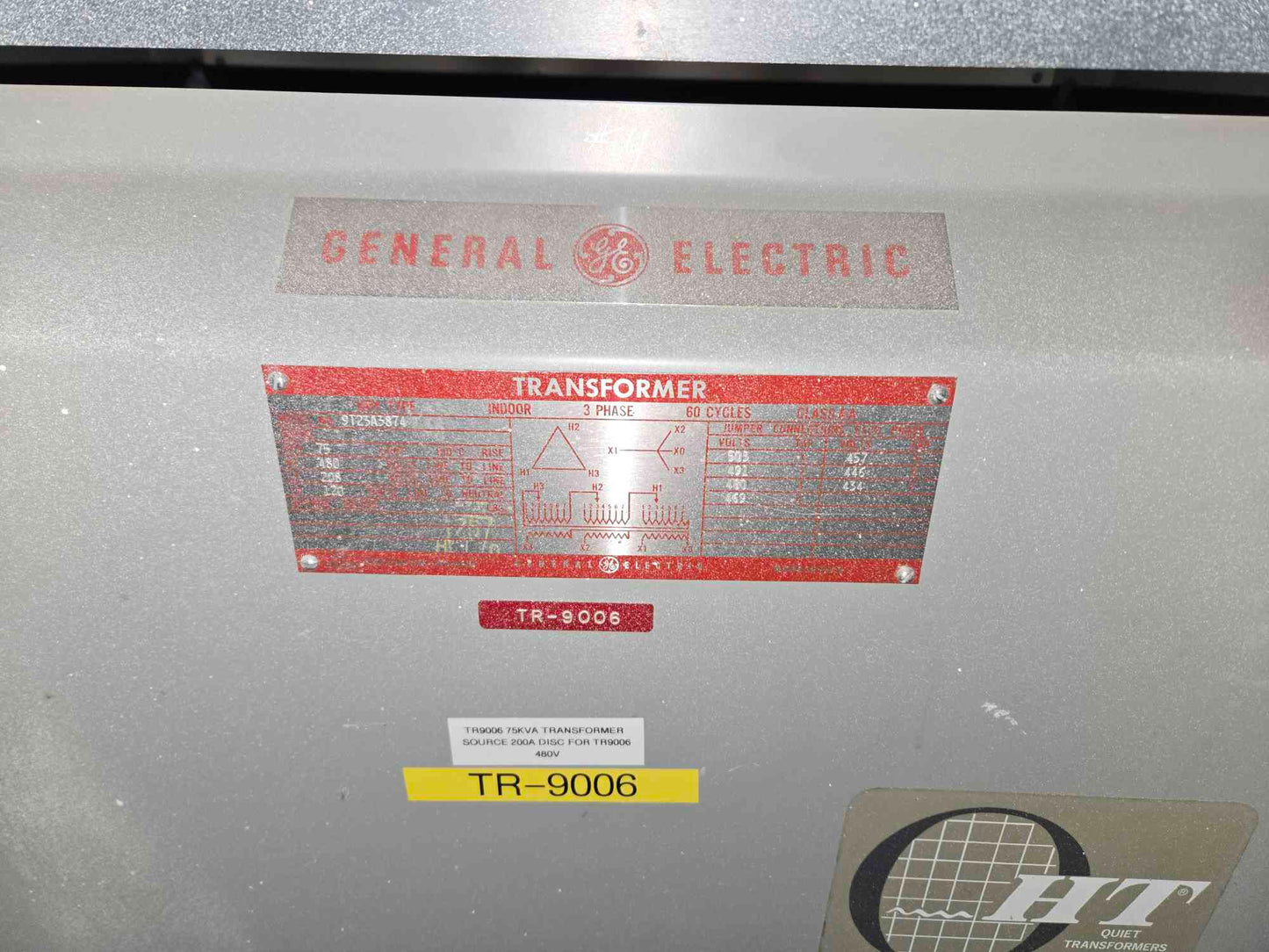 75 KVA 9T23A 3874 GE Transformer 480v x 208/120v 3PH 60 Cycles Class AA