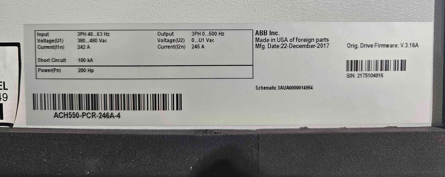 ABB VFD ACH550-PCR-246A-4 Variable Frequency Drive 200HP 3ph 380-480V 242A