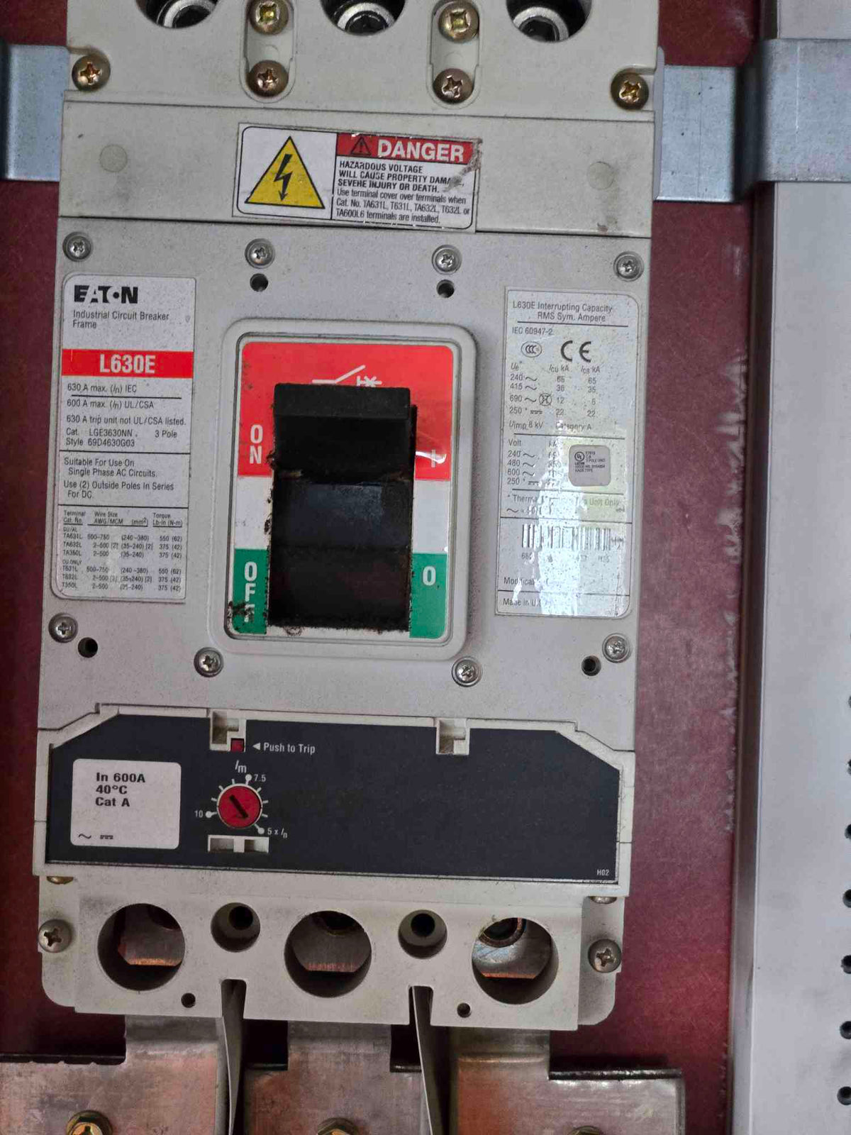 Eaton Pow-R-Line PRL3a 600A 480V Panelboard LGE3630NN Main Breaker HFD2150