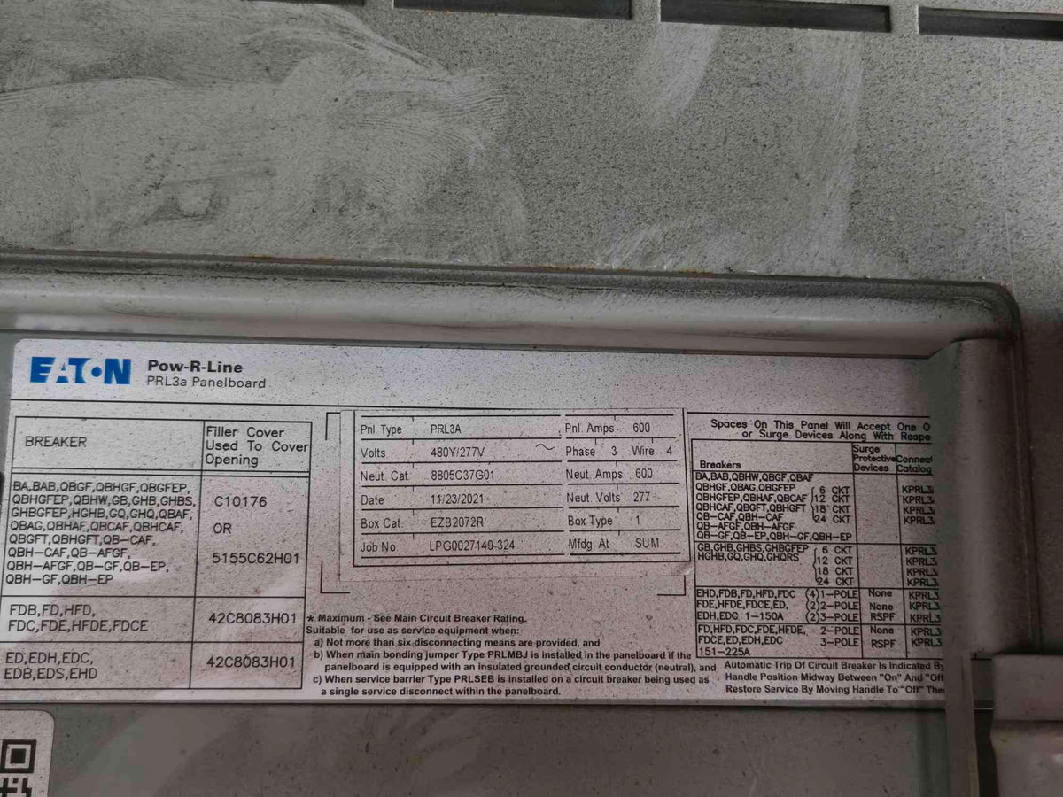 Eaton Pow-R-Line PRL3a 600A 480V Panelboard LGE3630NN Main Breaker HFD2150