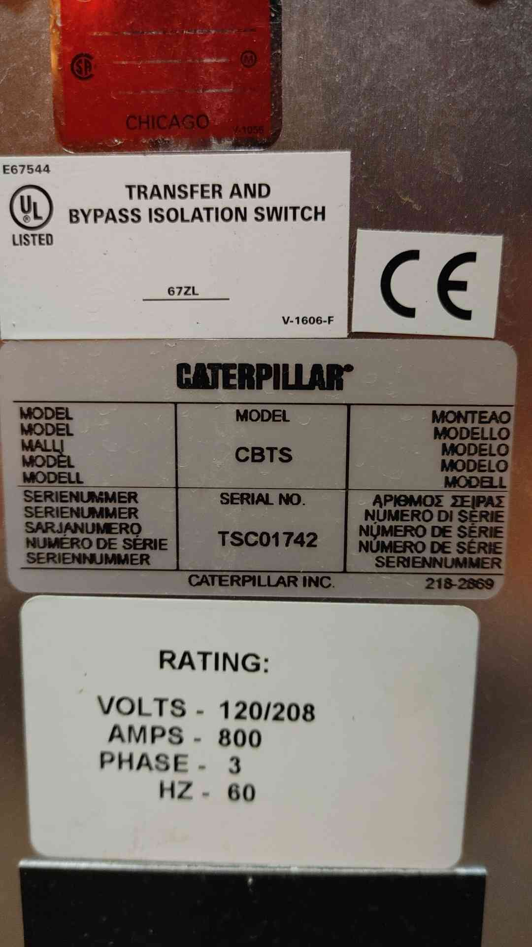 Caterpillar 800A 120/208V 3PH Bypass Isolation ATS Transfer Switch CAT CBTS