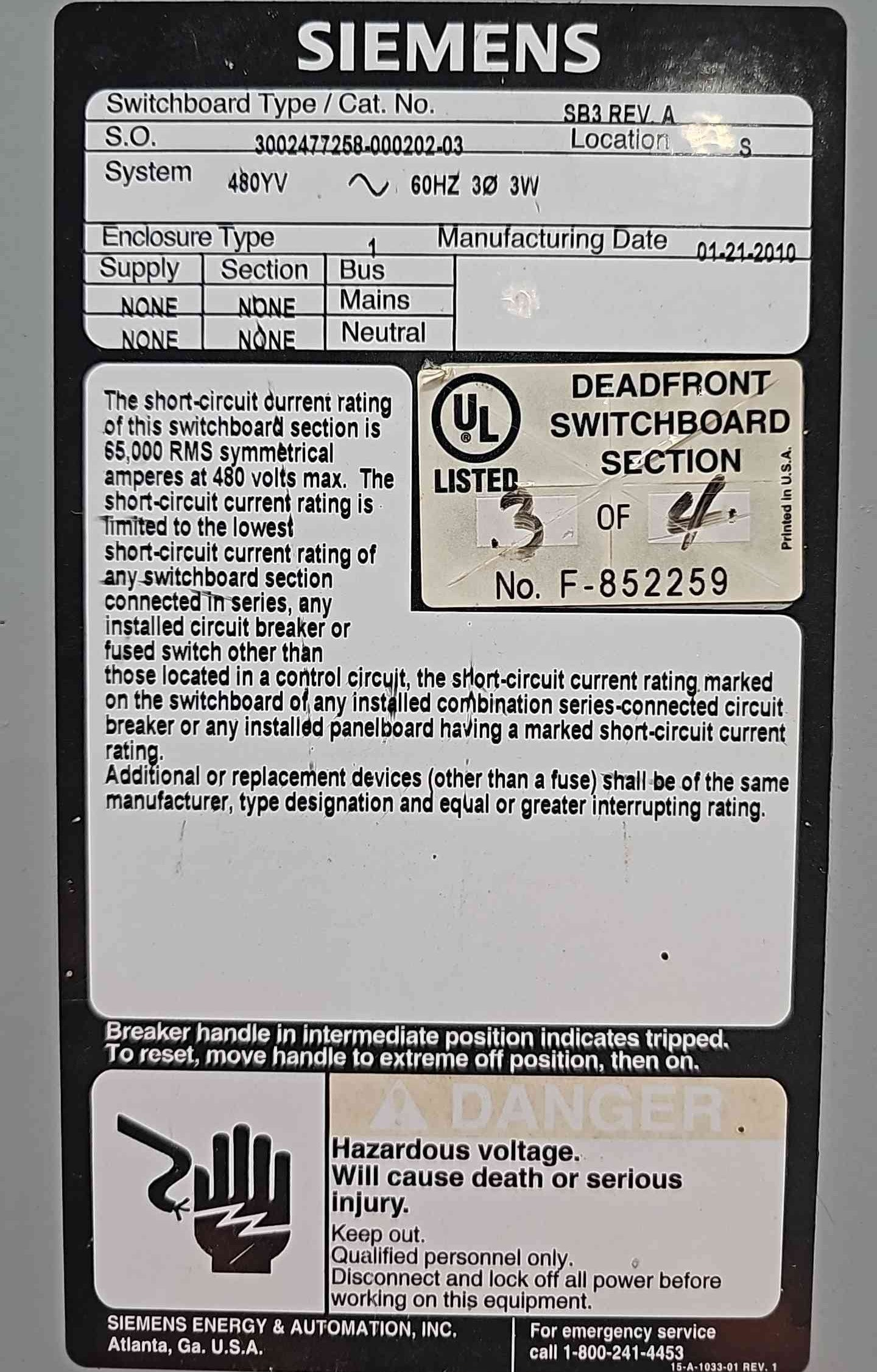 75KVA 480v x 208/120v Hammond Transformer w/ Integrated Siemens Panelboards 120/208v & 480v (112756)