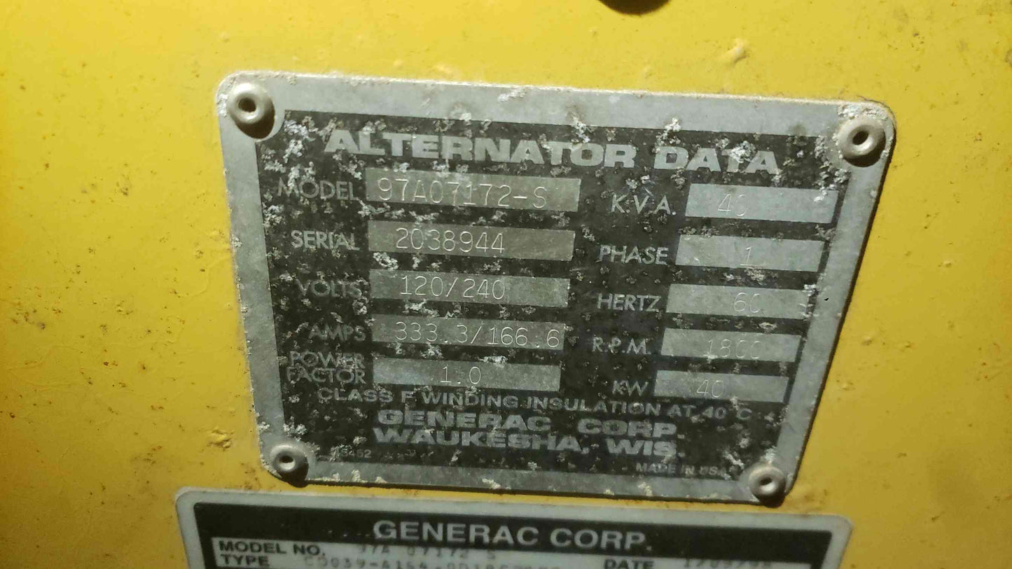 Generac 40 kW Diesel Generator 120/240V Single Phase Enclosed Subbase Tank 1067Hr