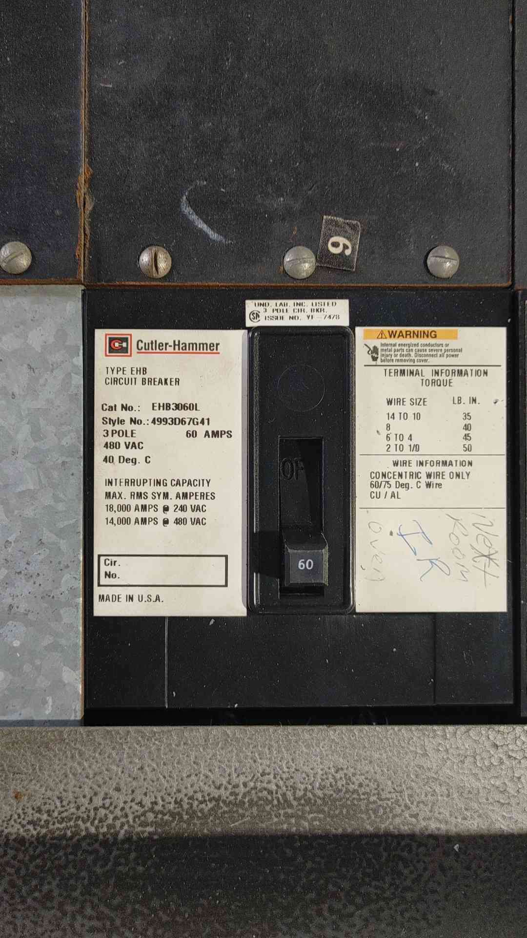 Erickson 480V 600A 3 Phase Panelboard Westinghouse Cutler-Hammer Breakers Panel