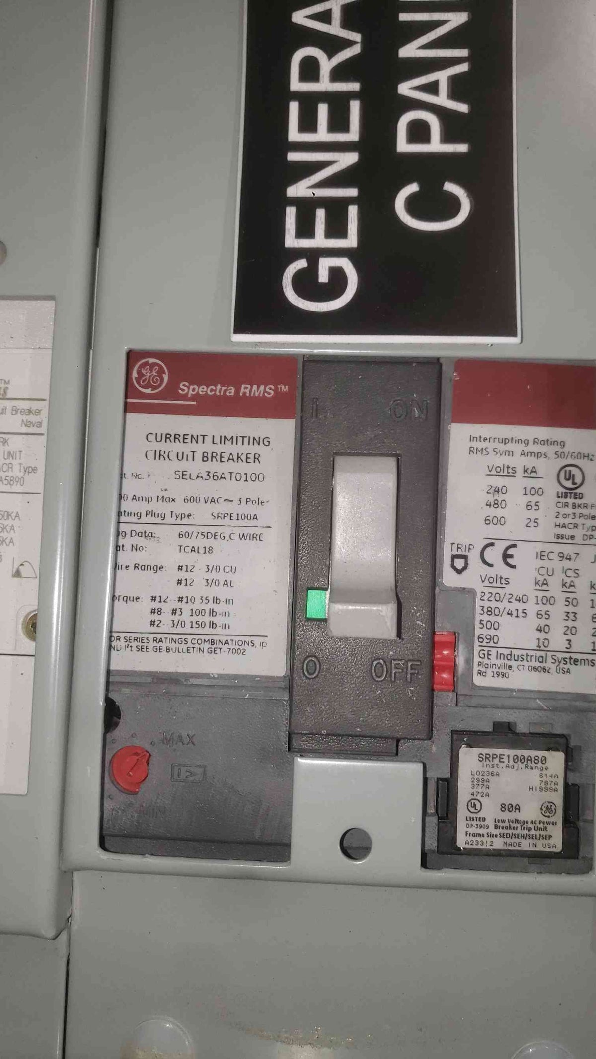 GE Spectra Series Power Panelboard 480V 3-Phase Populated 16x 3-Pole Breakers AsIs