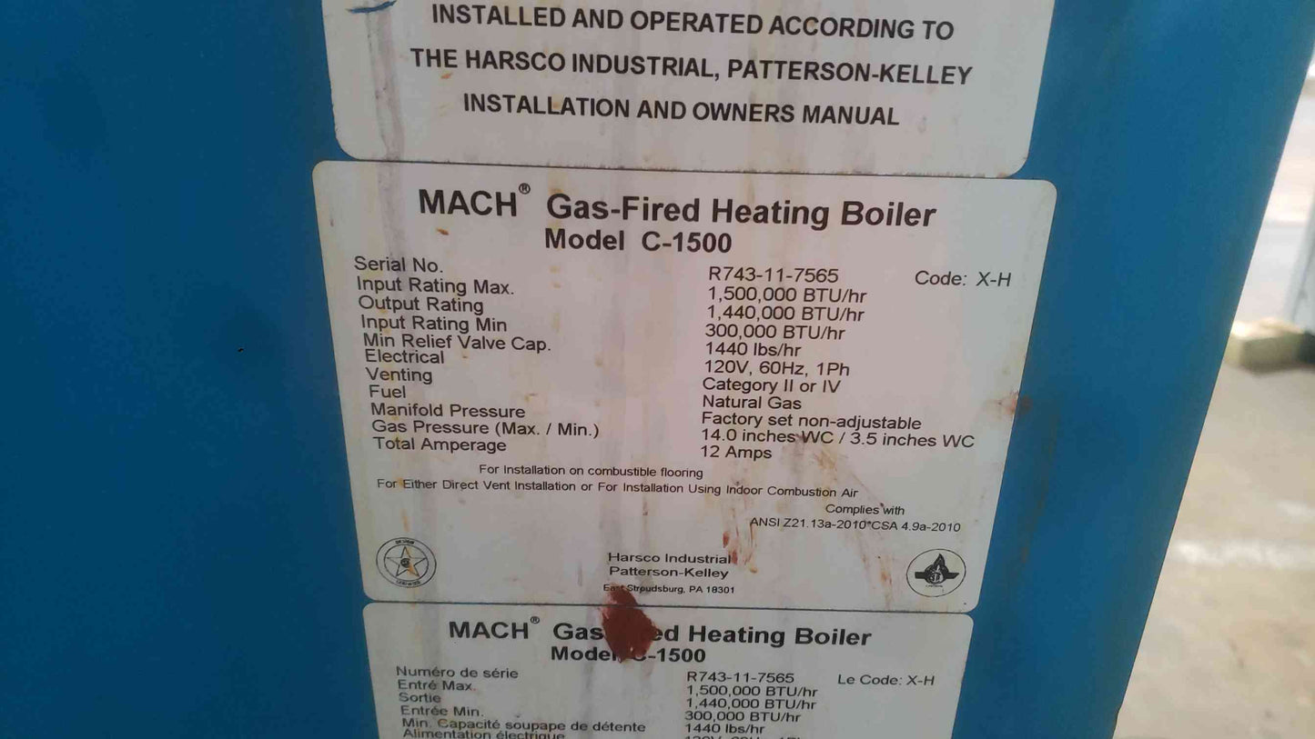 Patterson-Kelley MACH C-1500 Condensing Boiler 1.5M BTU Natural Gas 120V C1500