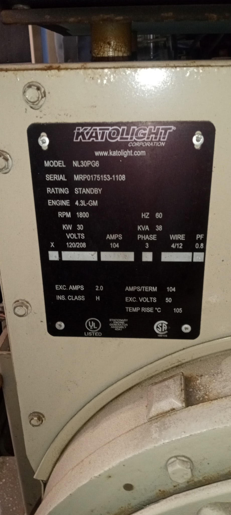 Katolight NL30PG6 30kW Standby Generator GM 4.3L 120/208V 3PH NG LP Enclosed