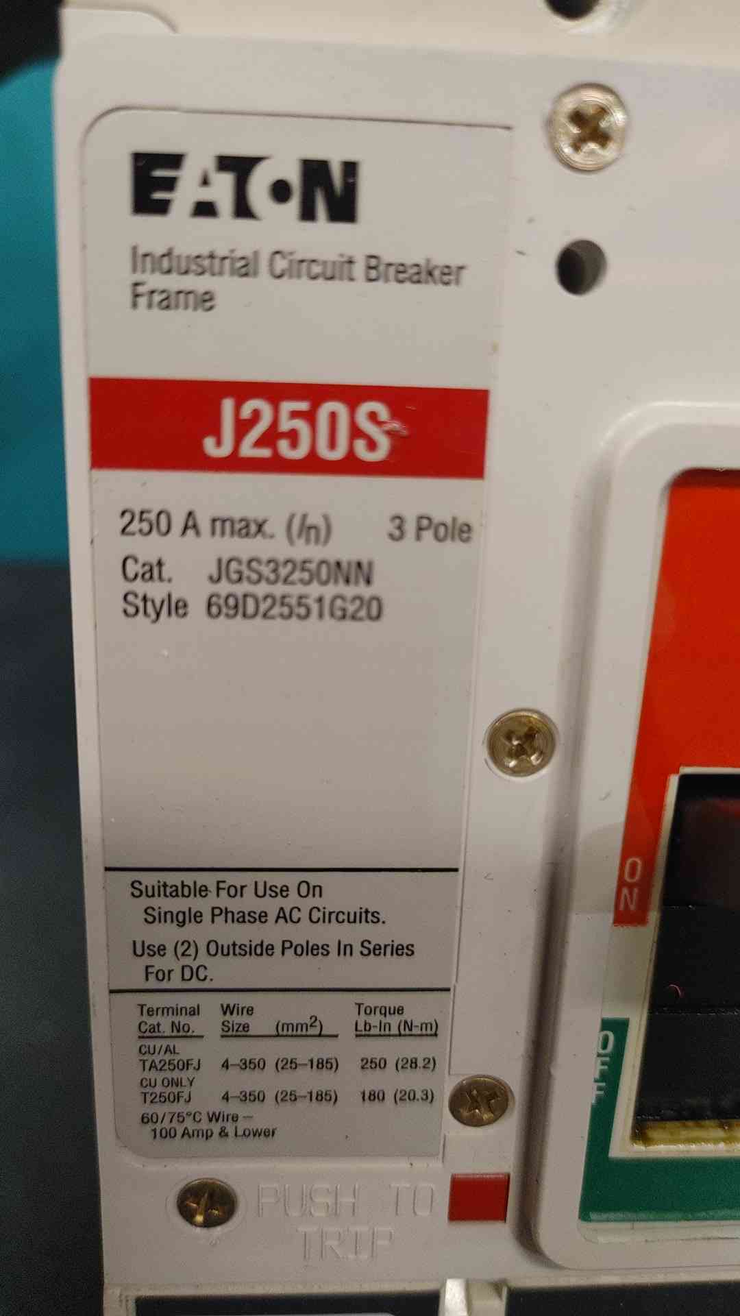Eaton JGS3250NN 250A 3 Pole 600V Circuit Breaker J-Frame J250S MCCB