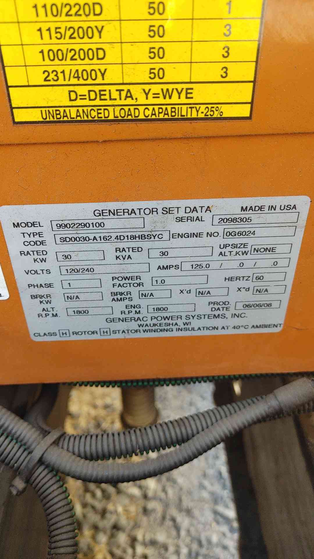 Generac SD0030 30kW Diesel Generator John Deere 2.4L 120/240V 1-Phase Enclosed