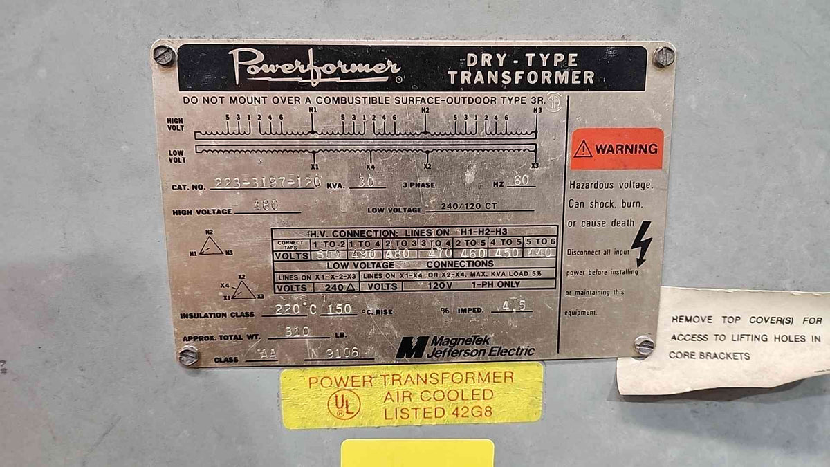 Magnetek Jefferson 30 KVA 3 Phase Dry Type Transformer 480V 240/120 223-3197-120