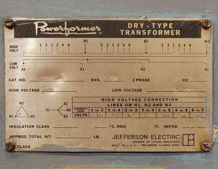 Jefferson Electric 75 kVA 480V to 208Y/120V 3PH Dry Type Transformer 223-3284