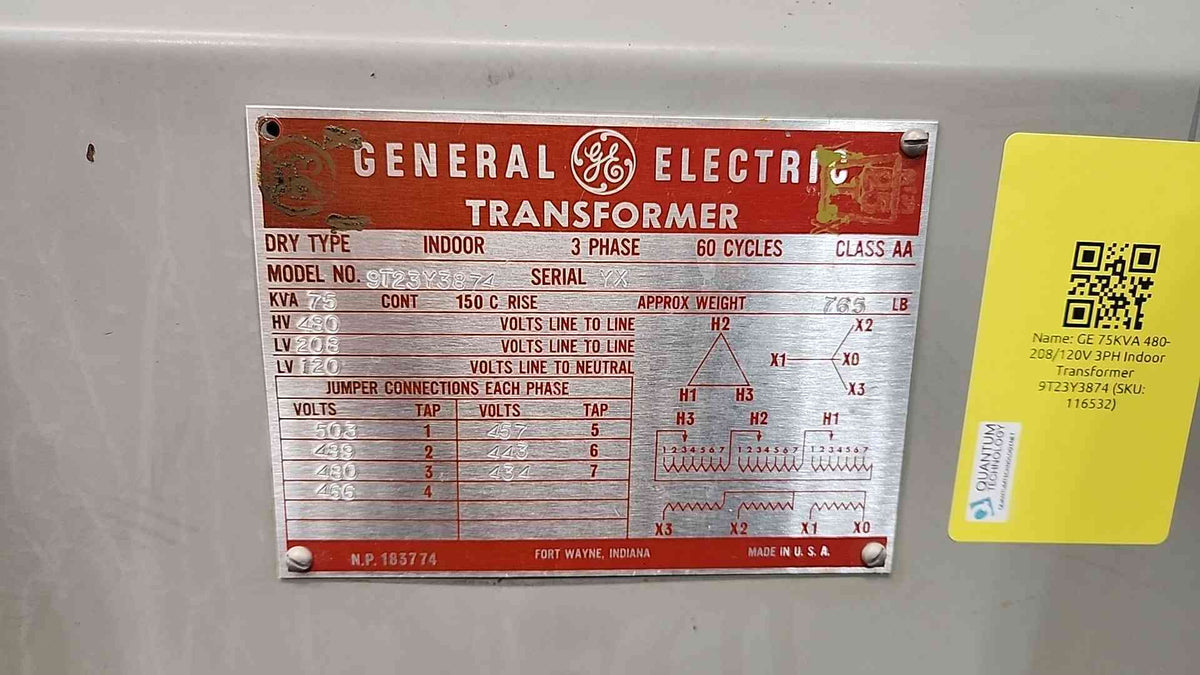 GE 75 KVA Dry Type Transformer 9T23Y3874 480V to 208Y/120V 3 Phase 3PH Indoor