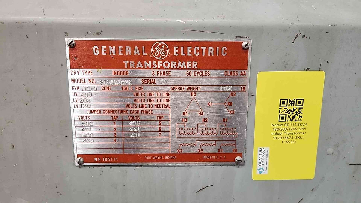 GE 112.5 KVA Dry Type Transformer 480V to 208Y/120V 3 Phase 9T23Y3875 Indoor