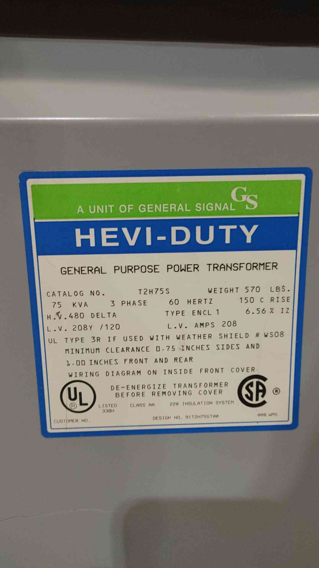 Hevi-Duty T2H75S 75 kVA 3-Phase Shielded Dry Transformer 480V Delta 208Y/120V