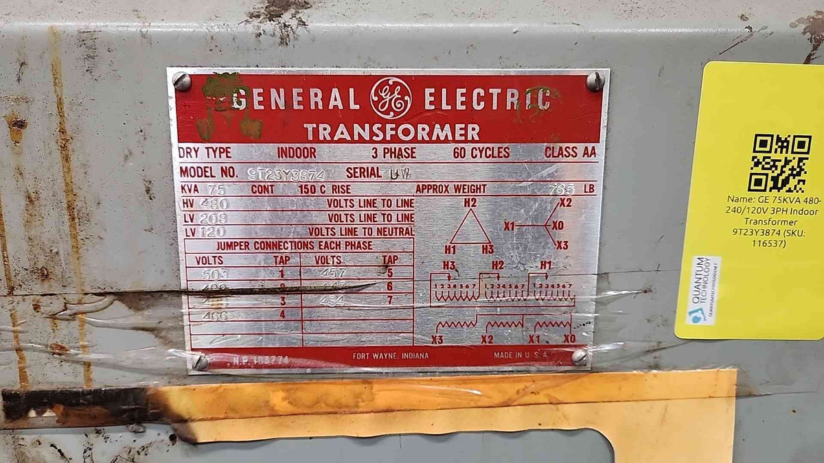 GE 75 kVA 3-Phase Dry Type Transformer 480V to 208Y/120V 9T23Y3874 Step Down