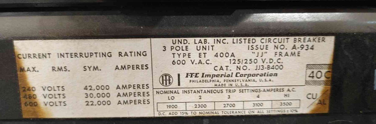 I-T-E JJ3-B400 400A 600V 3 Pole Circuit Breaker with NEMA 1 Enclosure Type ET