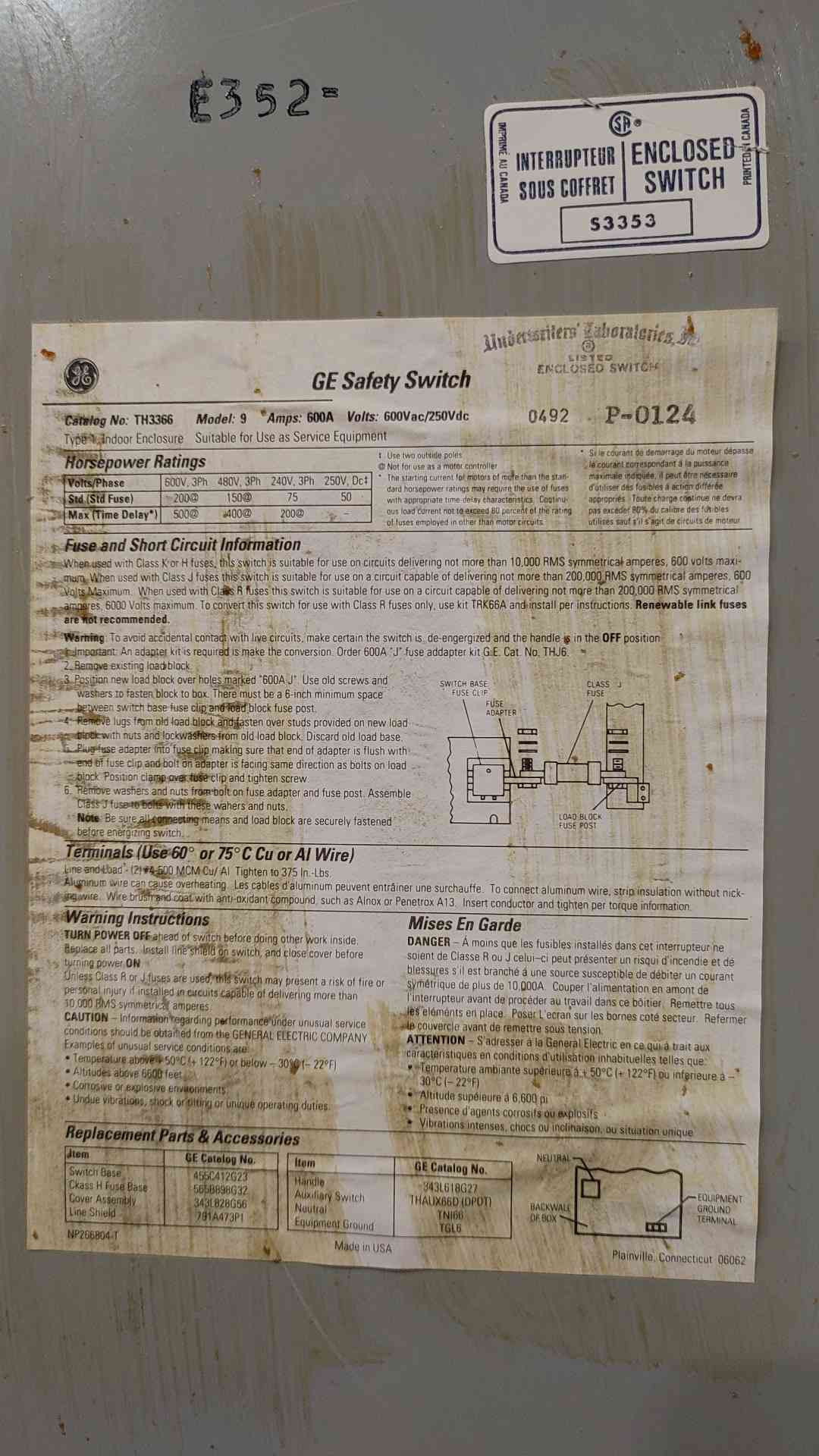 GE TH3366 600A 600V 3-Phase Fusible Heavy Duty Safety Switch Disconnect NEMA 1