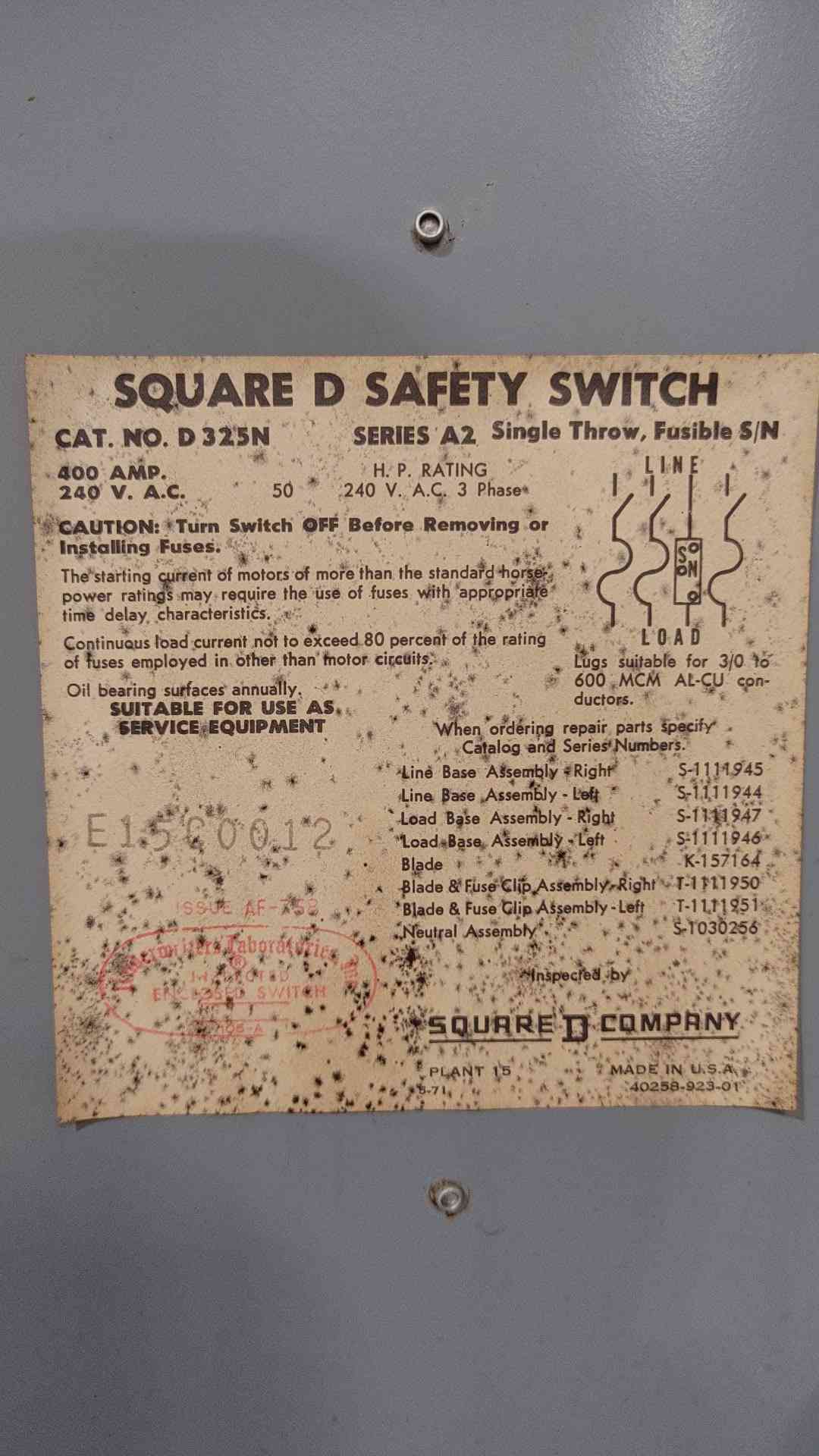 Square D D325N Series A2 400A 240V 3-Pole Fusible Safety Switch Disconnect