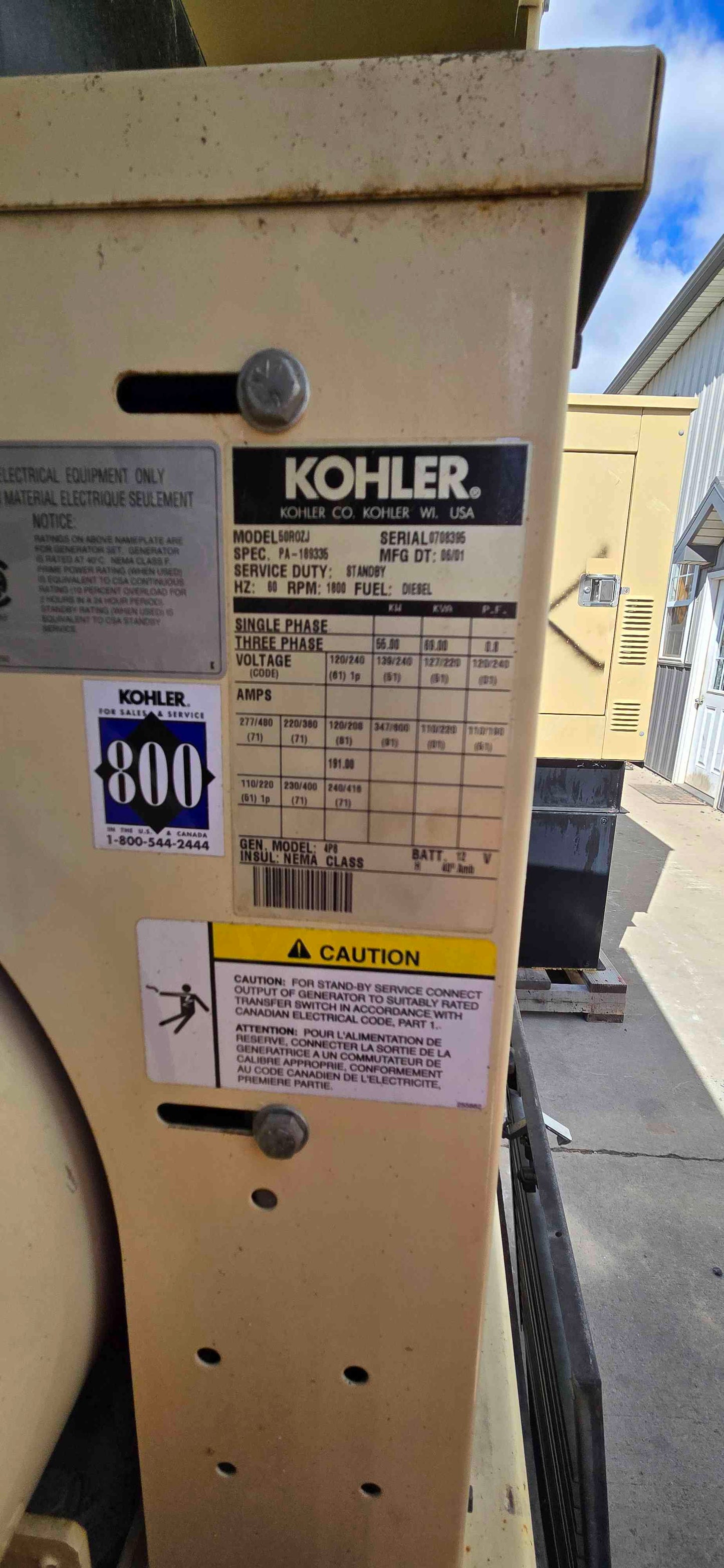 55KW Kohler 4039T John Deere Diesel Generator 1383Hrs TESTED