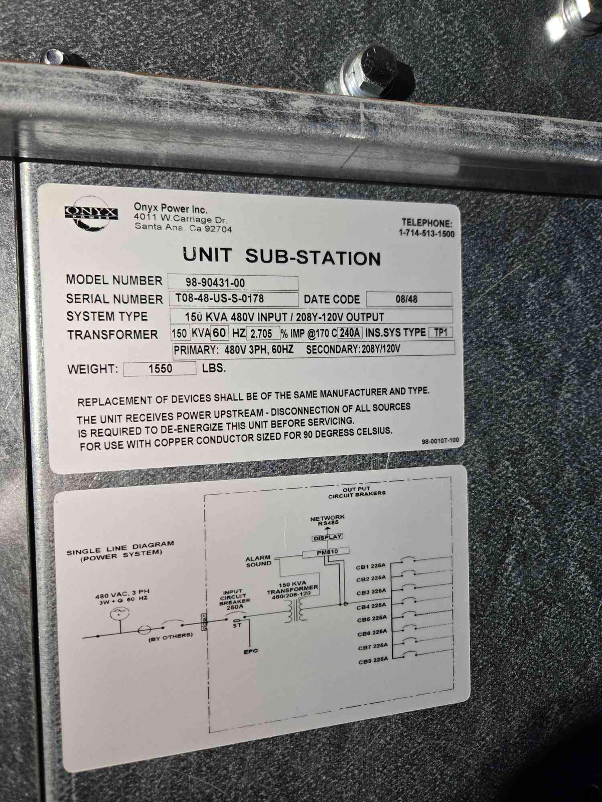 150Kva Onyx PDU 480x208/120 System W/ 225A Power Pact Breakers And Main (SKU: 111631)