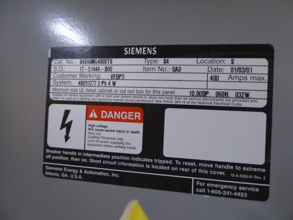 Siemens S4 400A Panelboard with 13 Circuit Breakers 480Y/277V, 3PH (SKU: 111734)