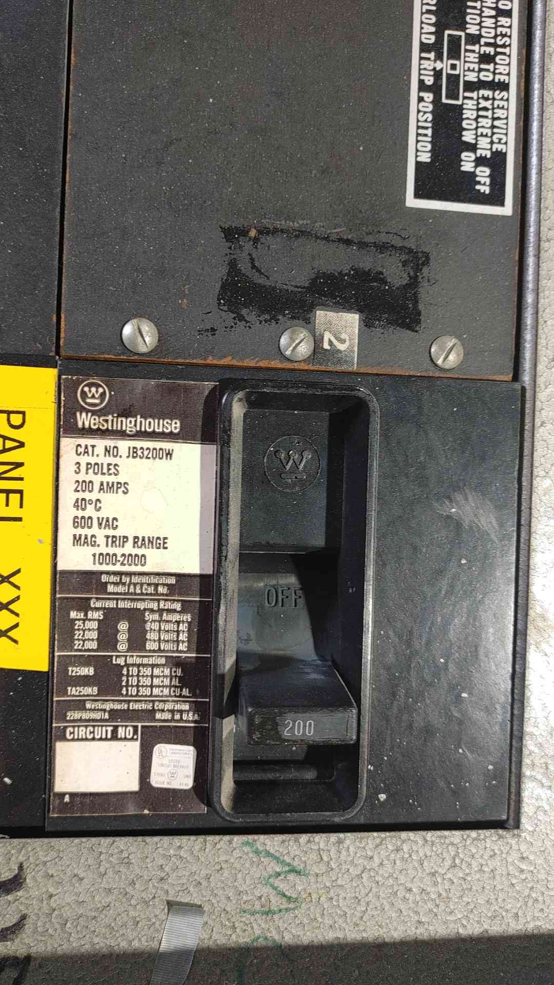 Erickson 480V 600A 3 Phase Panelboard Westinghouse Cutler-Hammer Breakers Panel
