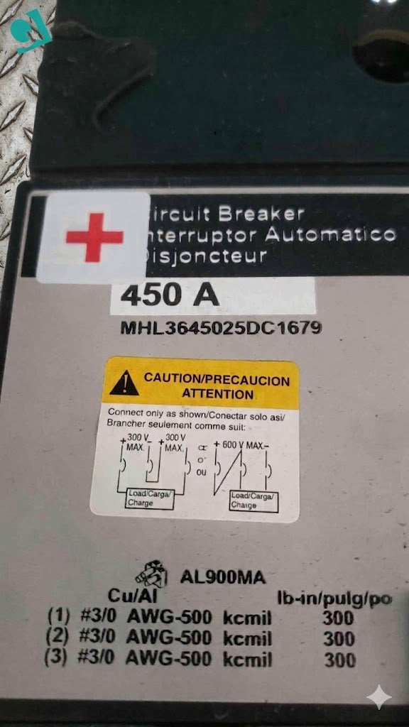 Square D MHL3645025DC1679 450A 600V DC Circuit Breaker w/ 48V UVR & Aux Switch (SKU: 113319)