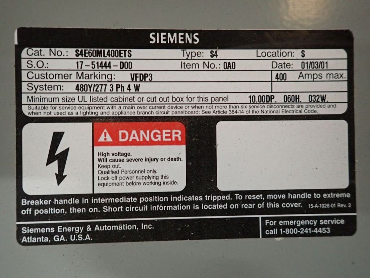 Siemens S4 400A Panelboard with 13 Circuit Breakers 480Y/277V, 3PH (SKU: 111734)