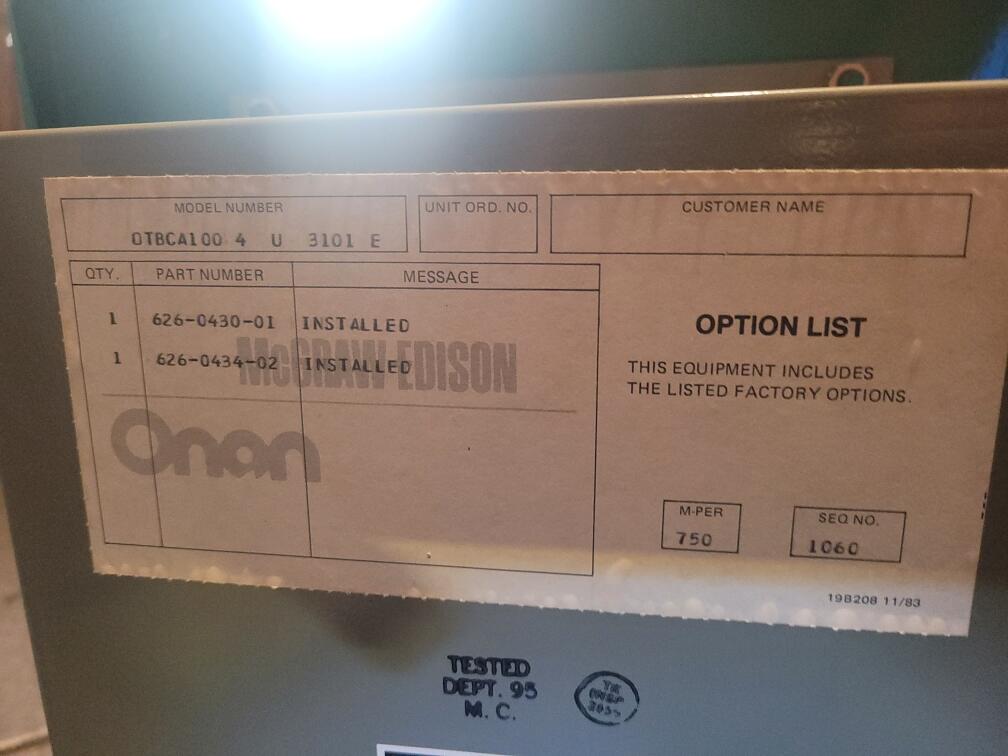 Onan 100A ATS Automatic Transfer Switch 3 Phase-56088