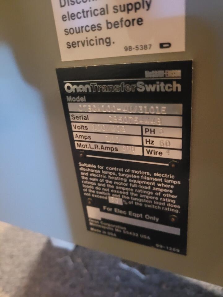 Onan 100A ATS Automatic Transfer Switch 3 Phase-56088
