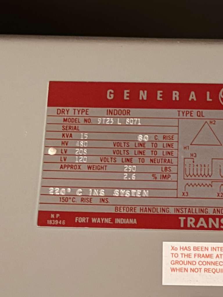 GE 15 kVA 3 Phase 80C Rise Transformer 480V to 208Y/120V 9T23L8071