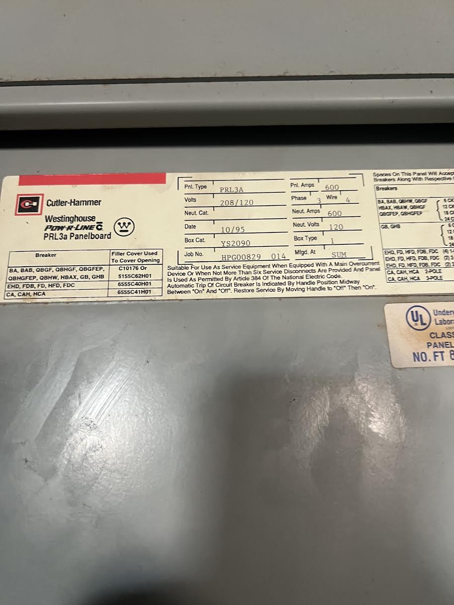 Cutler Hammer PRL3a Panelboard 600A Main 208Y/120V 3ph w/ Main
