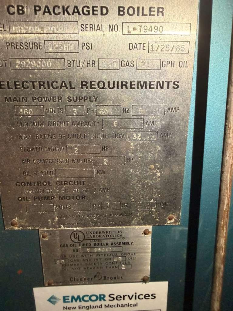 Cleaver Brooks CB200-70 Packaged Boiler 70 HP 125 PSI Dual Fuel Gas Oil 2.9M BTU