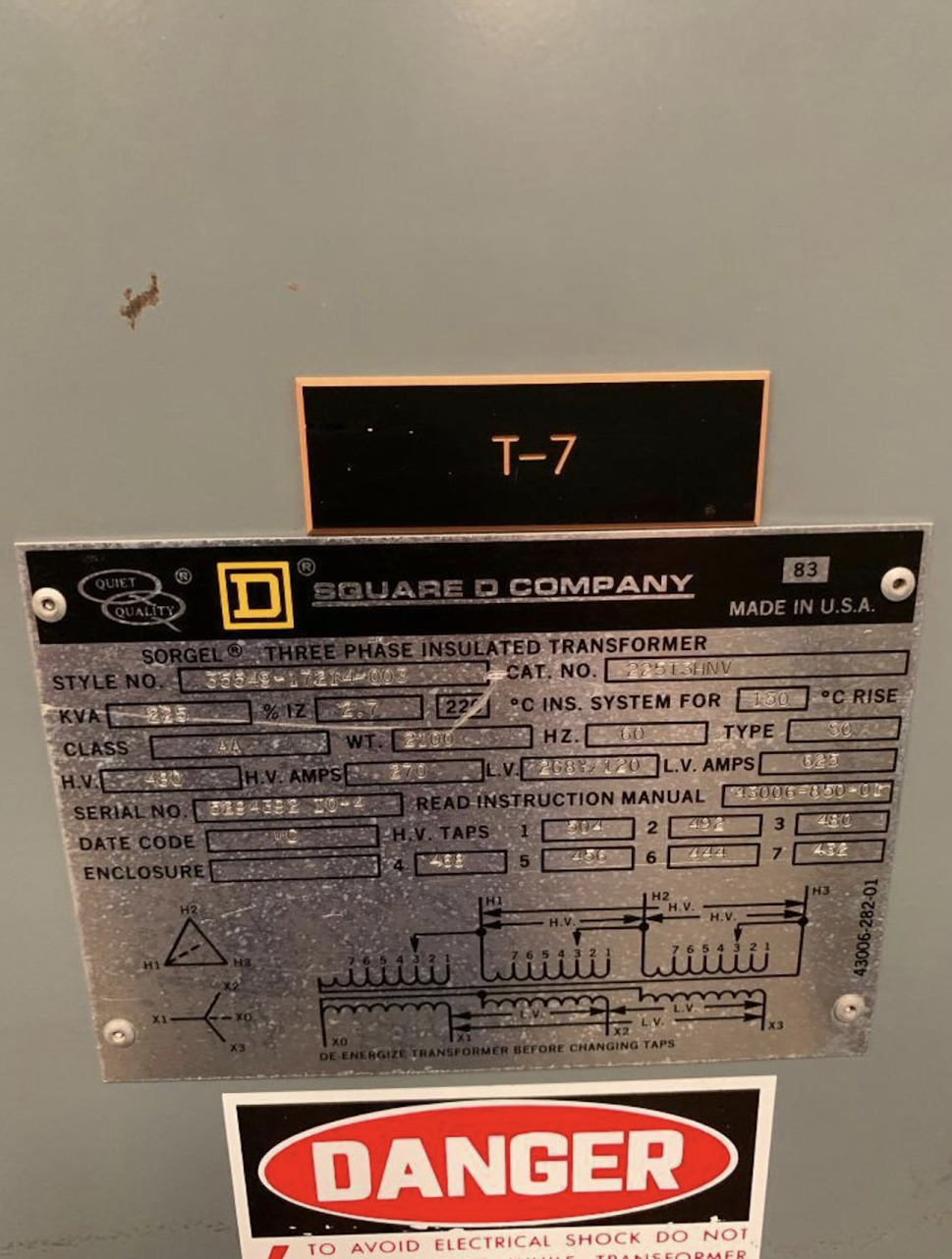 225KVA Square D Dry Type Transformer 3ph 480V x 208Y/1200