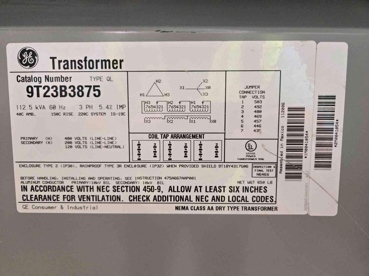 GE 9T23B3875 112.5 KVA Step Down Transformer 480V Primary 208/120V 3PH
