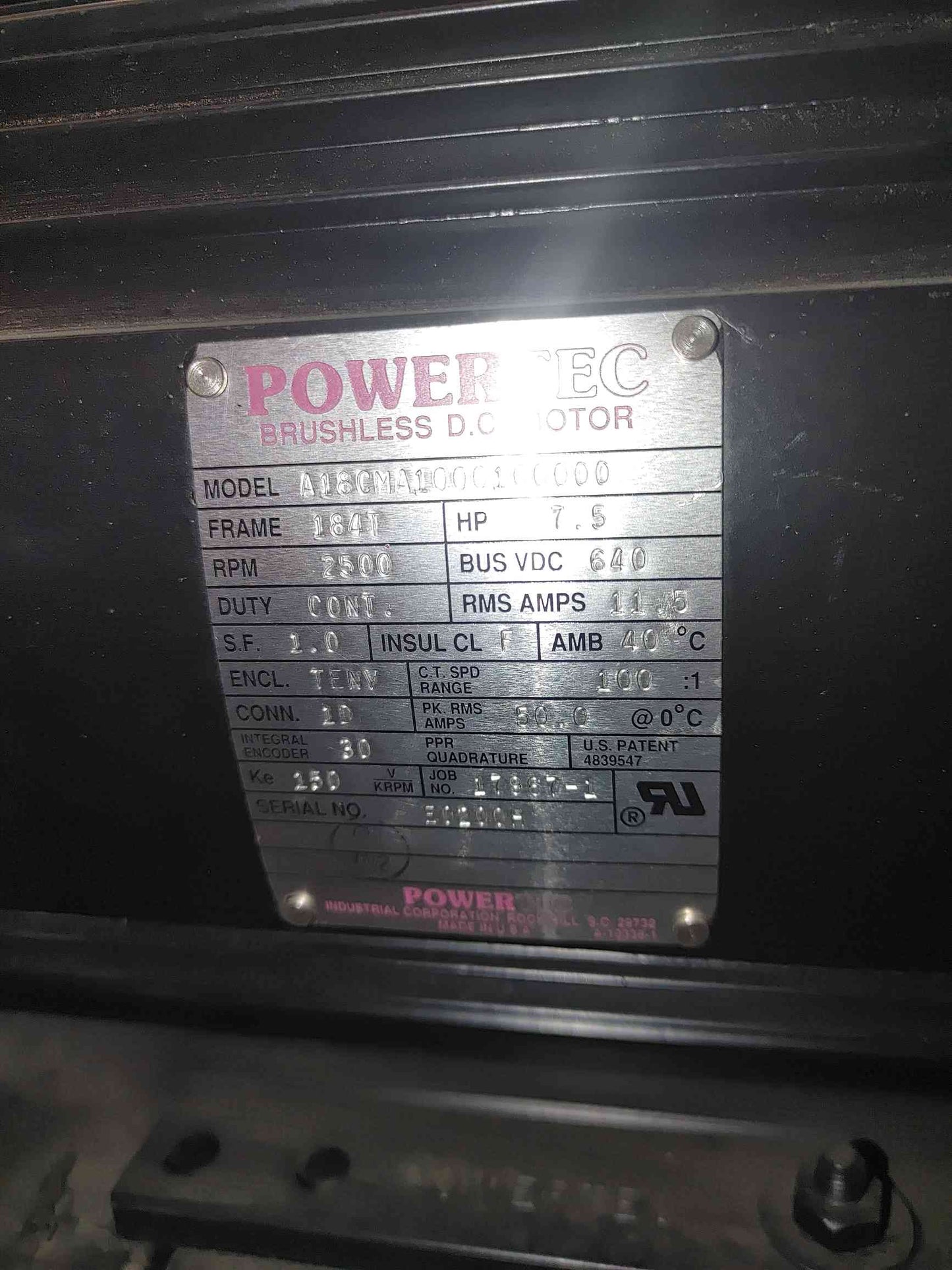7.5HP Powertec Brushless Motor A18CMA1000100000 2500 RPM 640V Frame 184T (SKU: 111690)