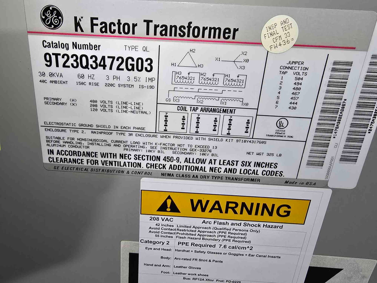 Ge 30KVA 3ph 480v X 208/120v KFactor Transformer 9T23Q3472G03