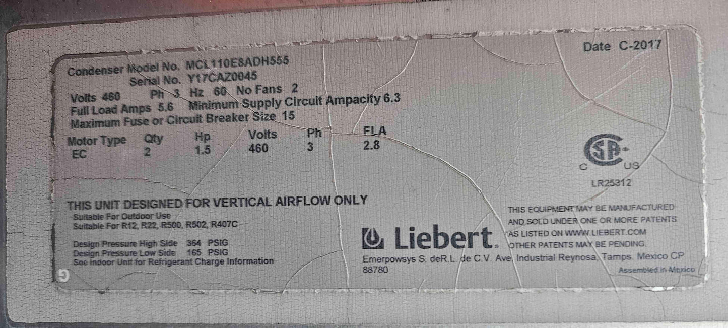 Liebert 460V 3PH 2 Fan Condenser MCL110E8ADH555 Vertiv Mirco Channel (SKU: 111377)
