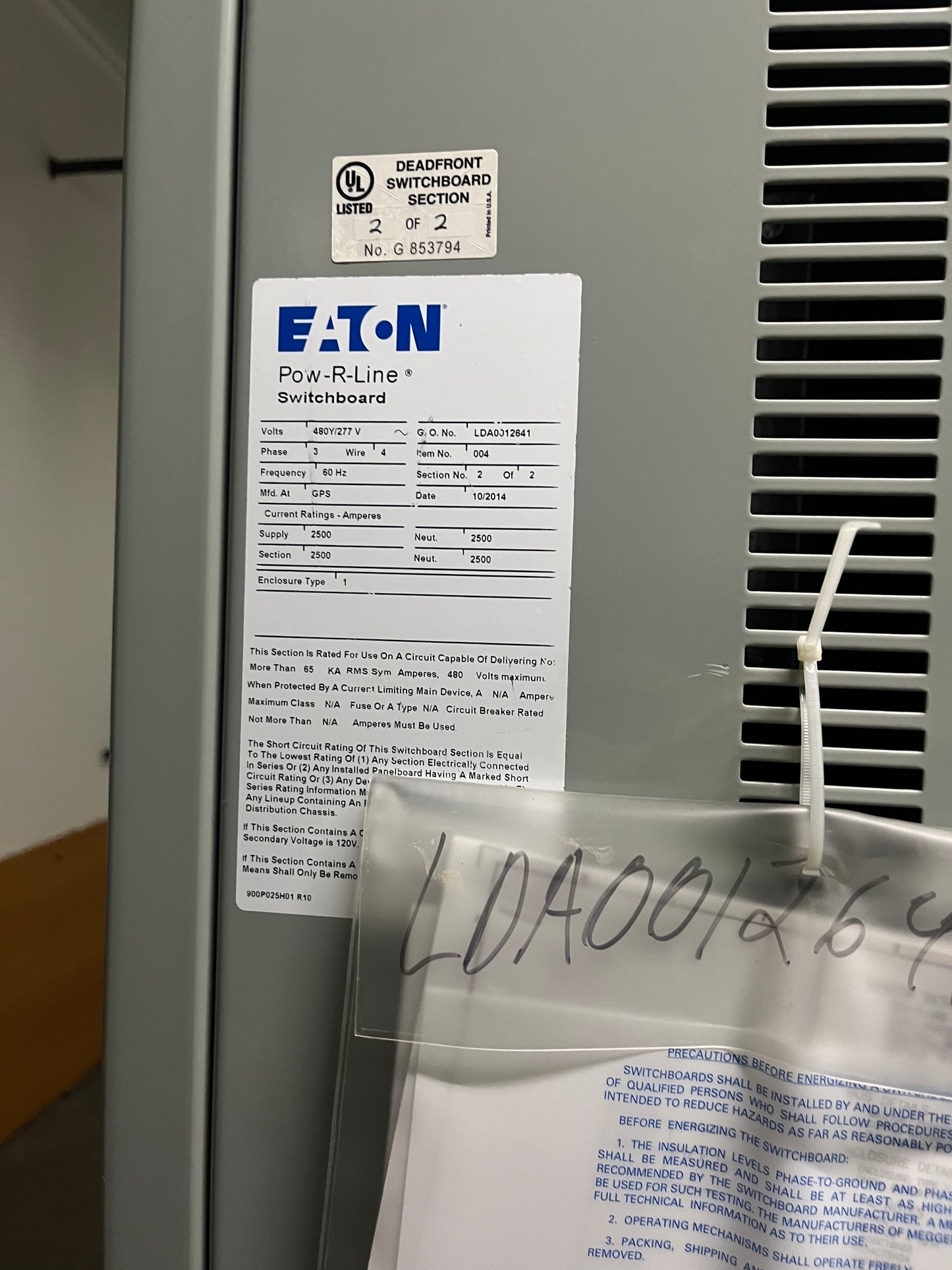 Eaton Pow-R-Line 480V 2500A 2 Section Switchboard RGH 1600 Amp Circuit Breaker RGH316033E